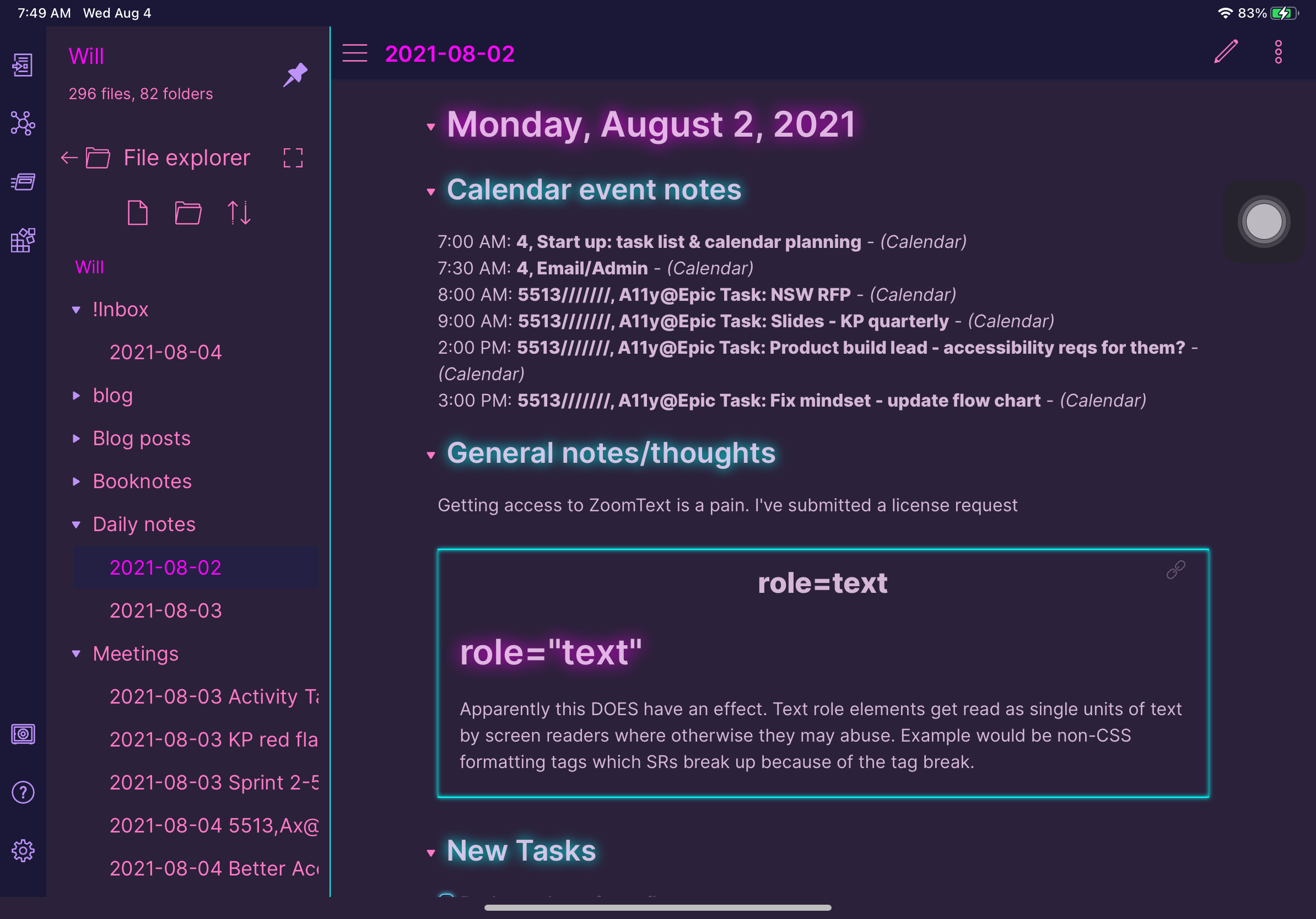 A screenshot of the Obsidian app showing a daily note in a very bright 80s styled neon purple theme.