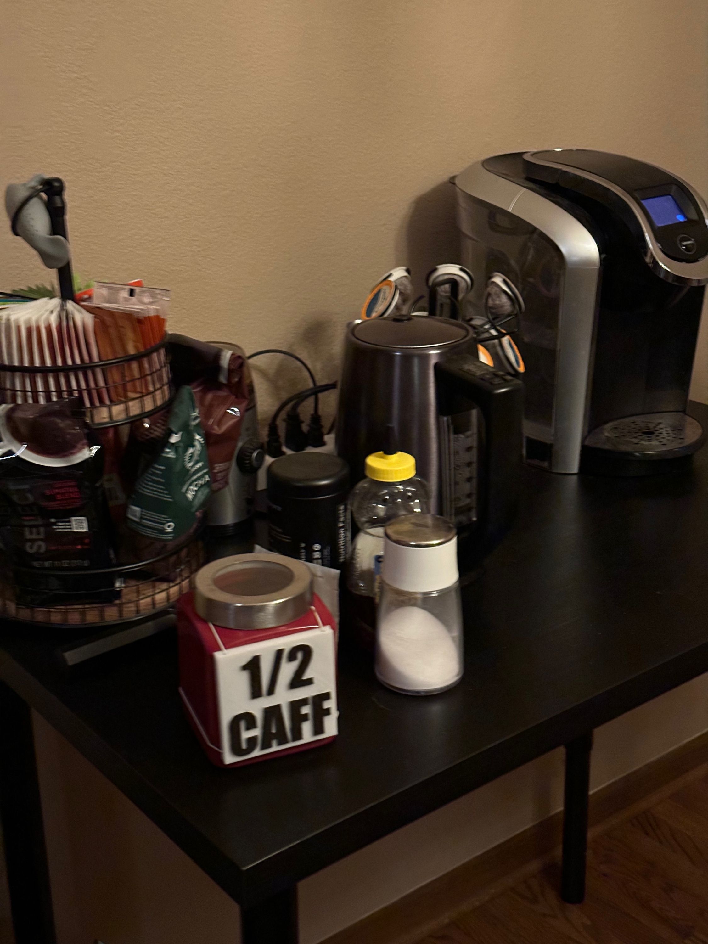 The final product. My coffee nook with a labeled 1/2 caff canister