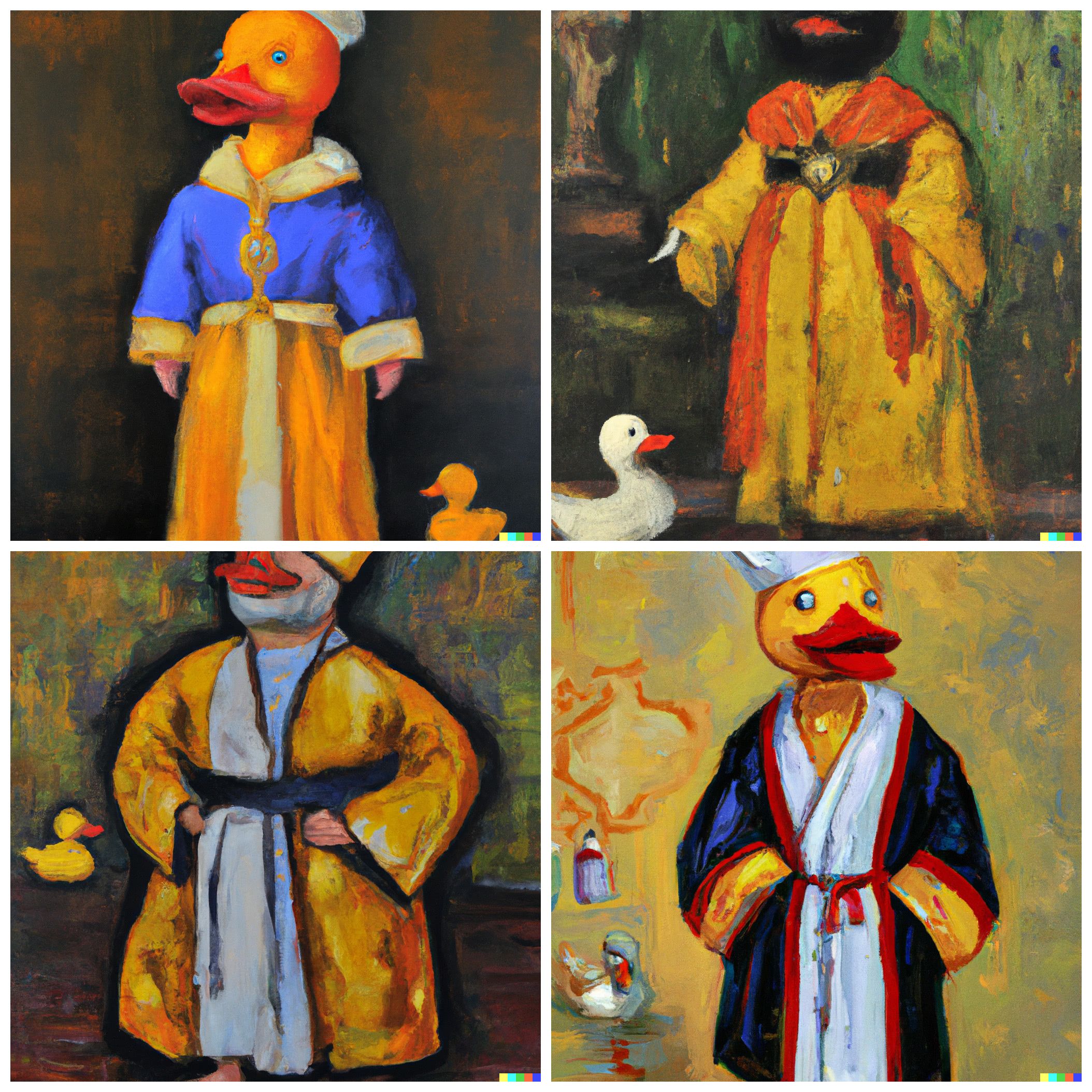 An oil painting of a rubber duck wearing medieval robe by M. F. Hussain