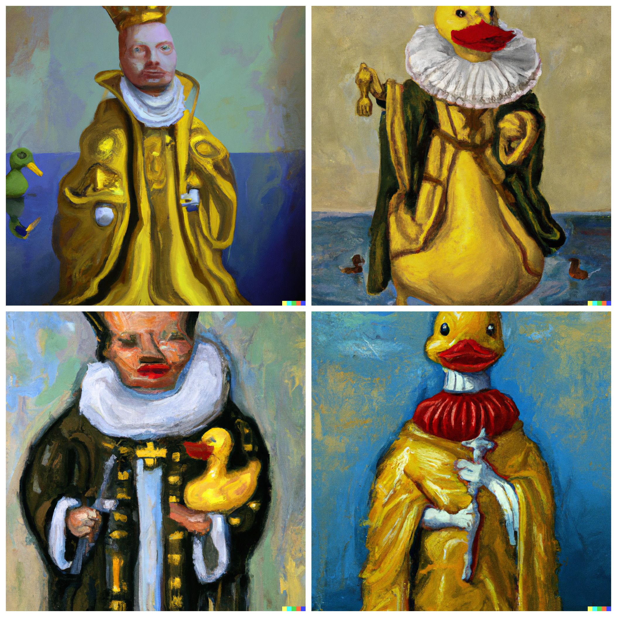 An oil painting of a rubber duck wearing medieval robe by Dali