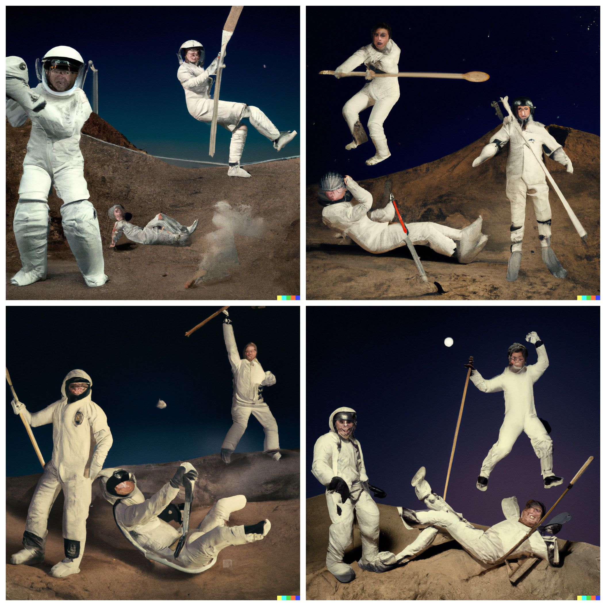 Astronauts playing cricket on moon with three slips and a gully and earth rising in the background - photorealistic variations