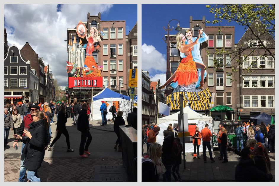 Giant Dutch royal family themed cutouts at Cafe De Blaffende Vis from 2015 and 2016