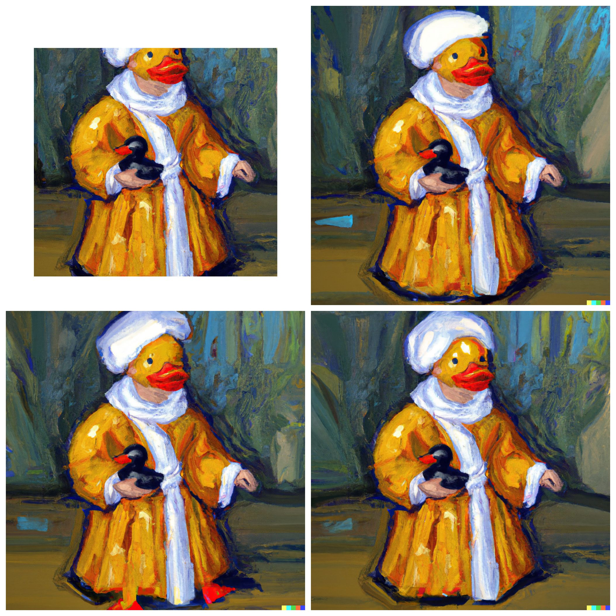 An oil painting of a rubber duck wearing medieval robe by Van Gogh (‘Inpainting’)