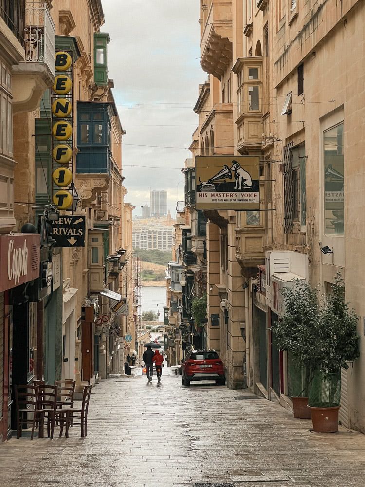 A narrow street in Valletta on a rainy day