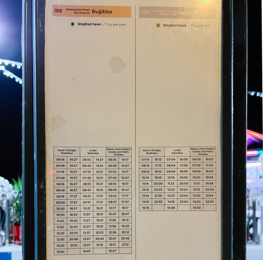 A bus time table in Malta