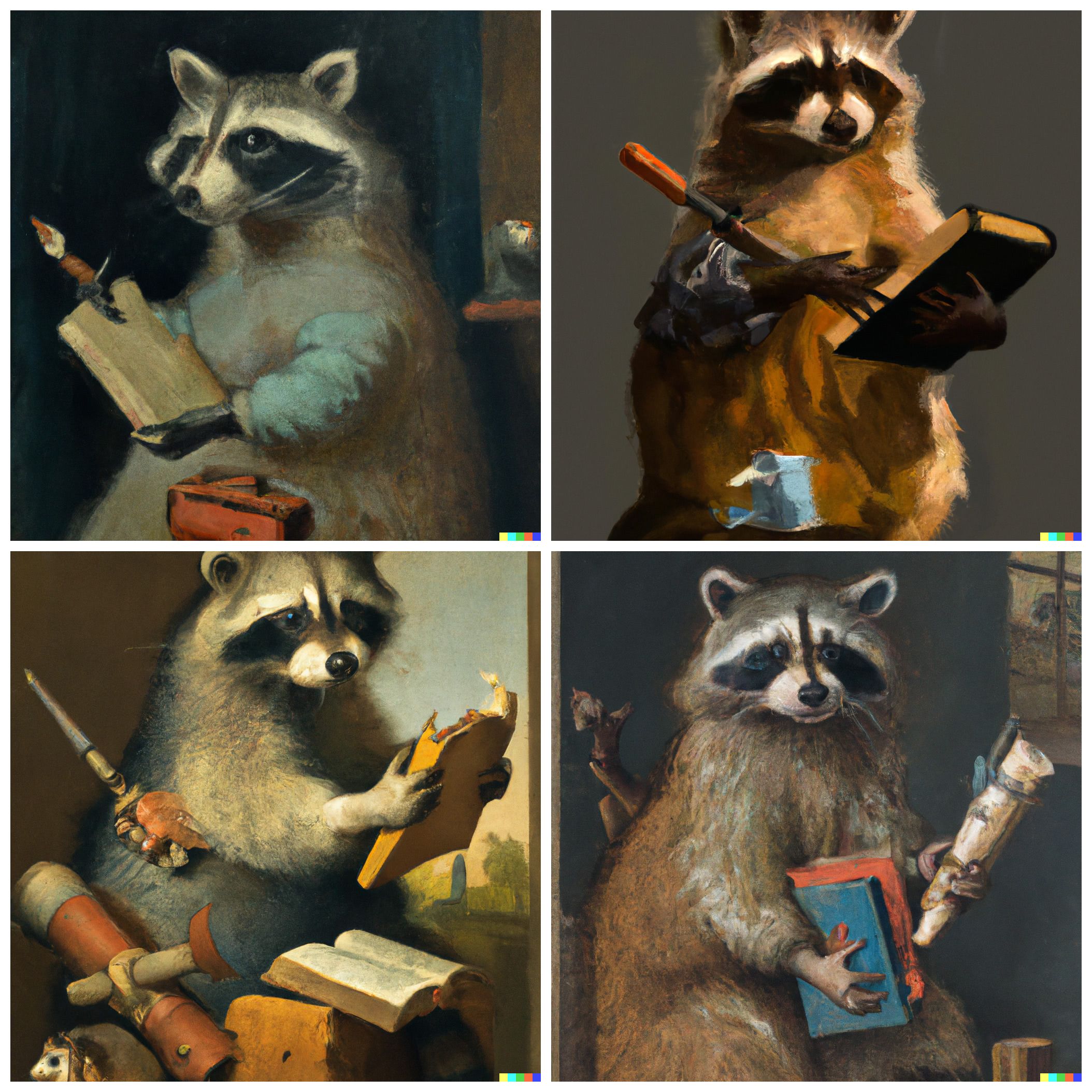 A raccoon with a book in one hand and a pistol in its other hand by Johannes Vermeer