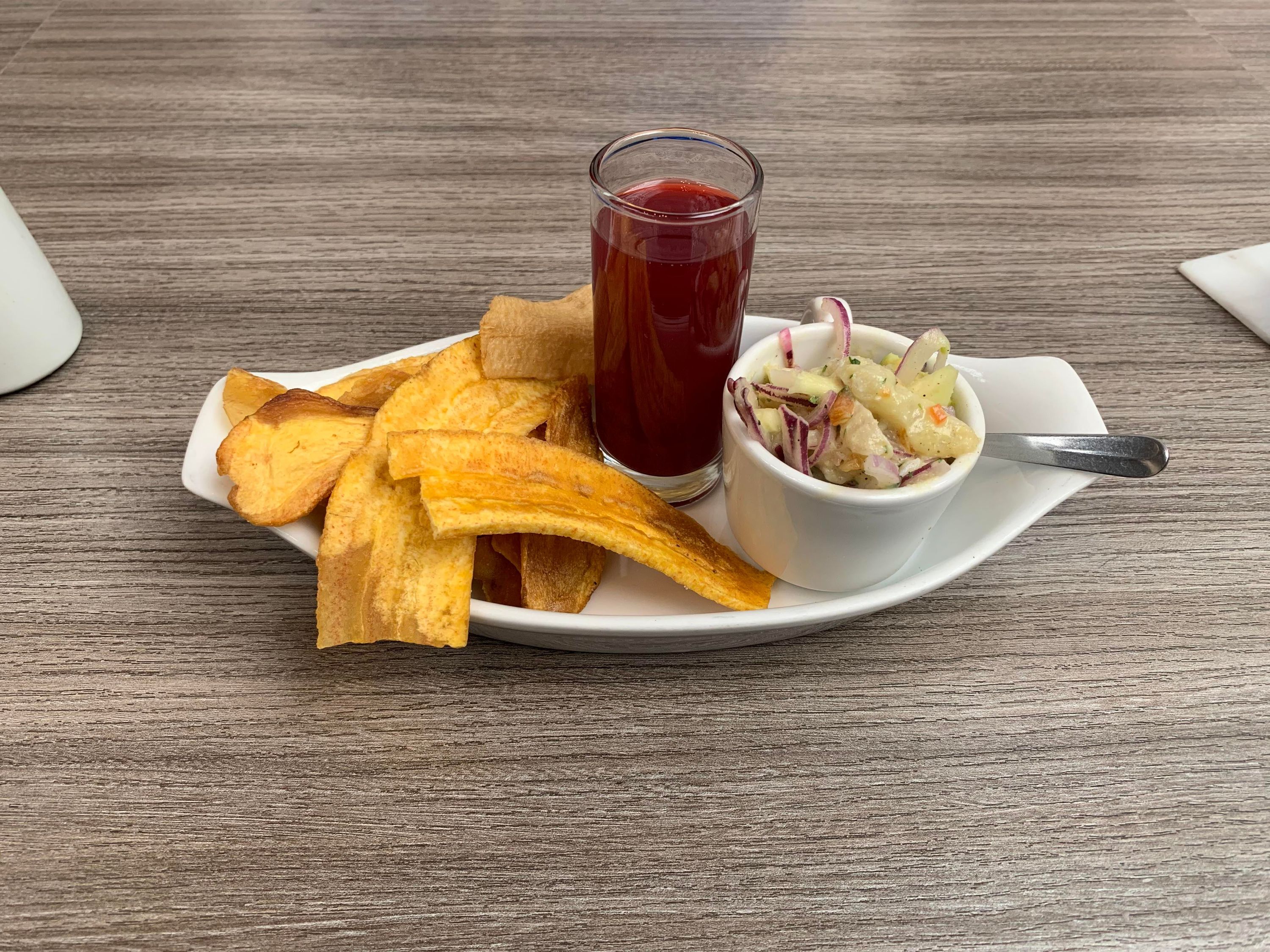 Ceviche, Plantain Chips, and Colombia Grape Juice
