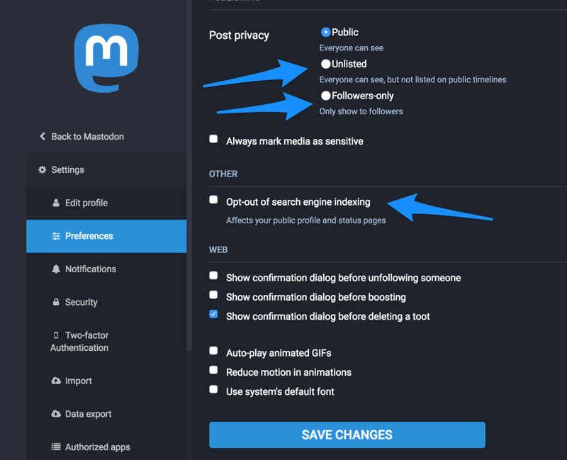 How to change privacy settings and search result settings in Mastodon