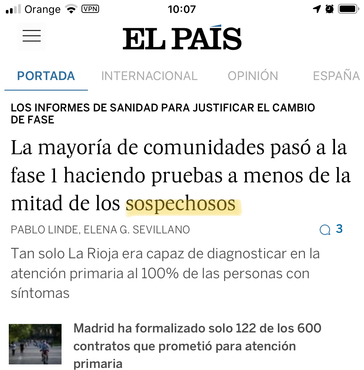 Articulo de El País del 26 de mayo del 2020