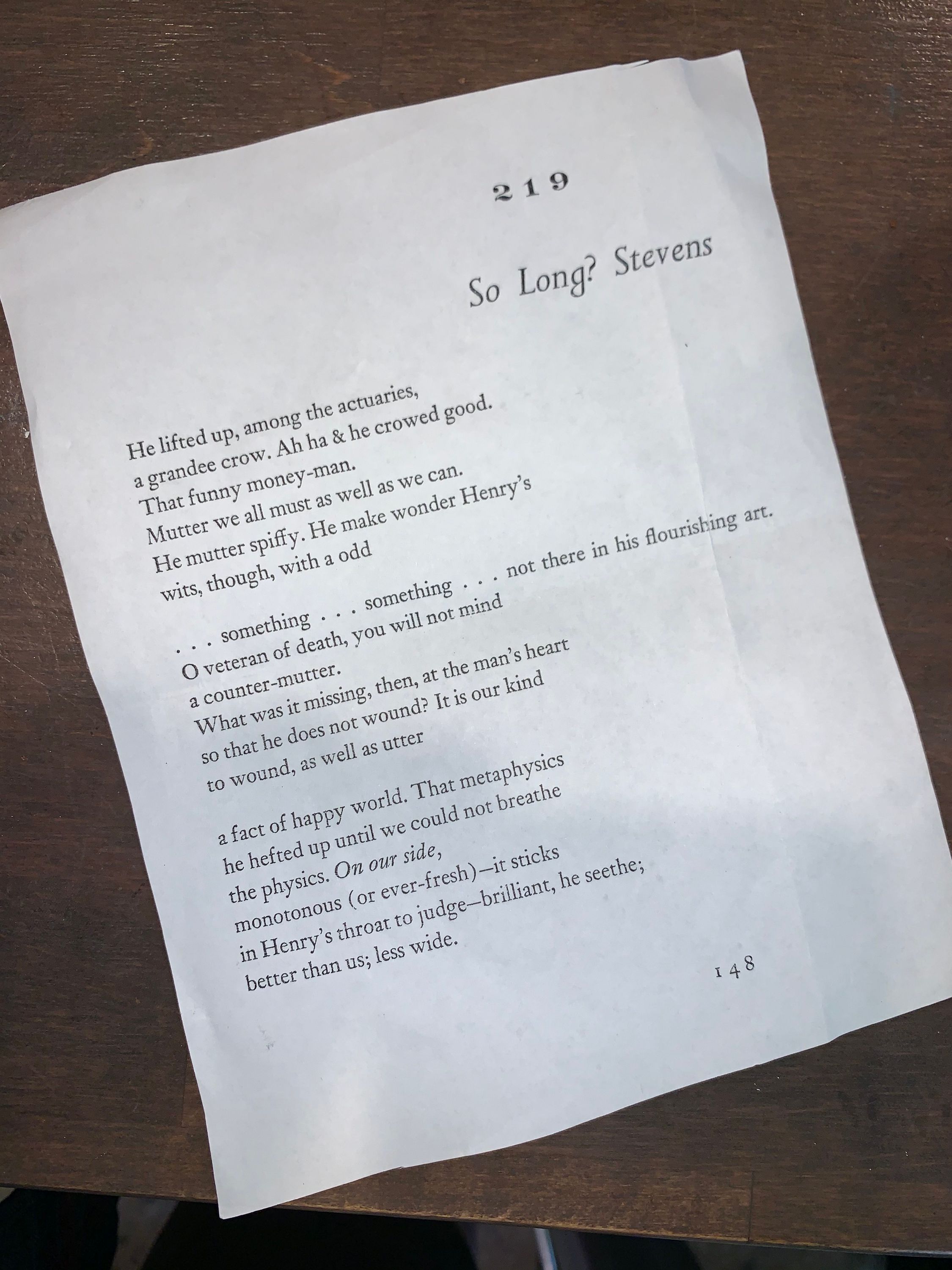 John Berryman’s “So Long? Stevens” from Dream Songs, no. 219; photocopy from David Malouf