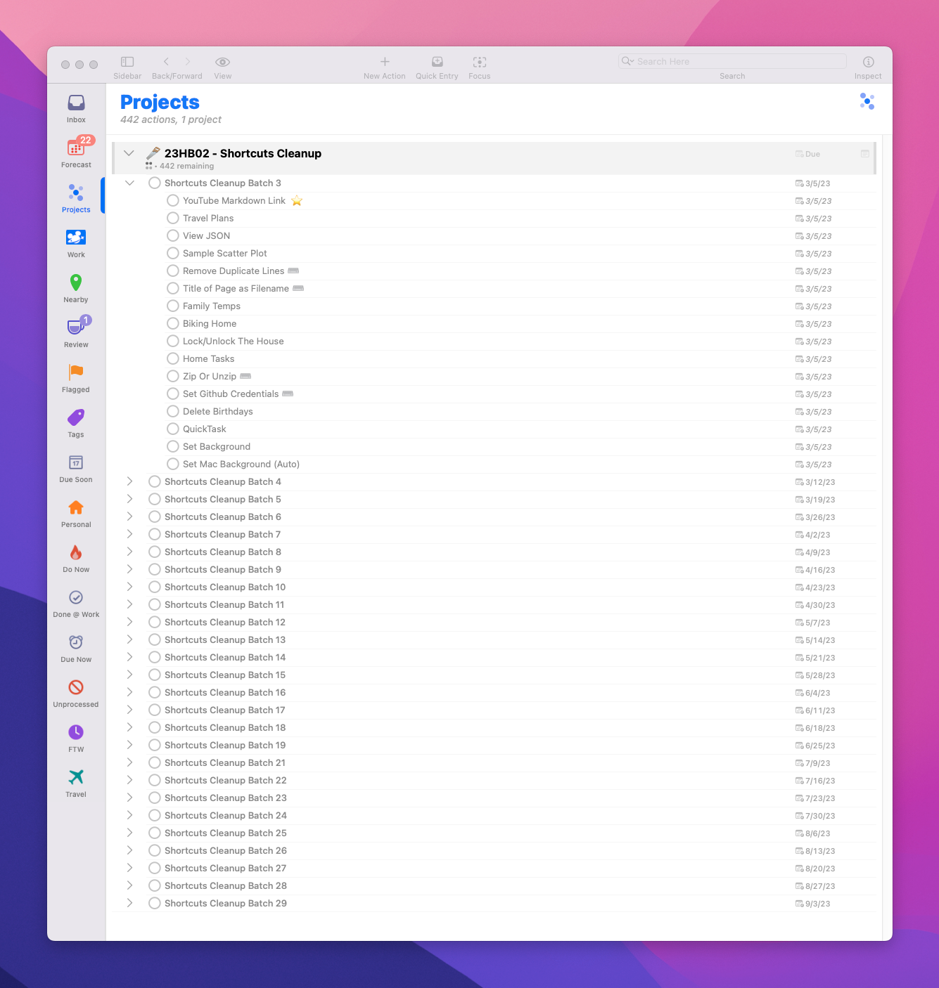 Screenshot of the Shortcuts Cleanup Omnifocus Project