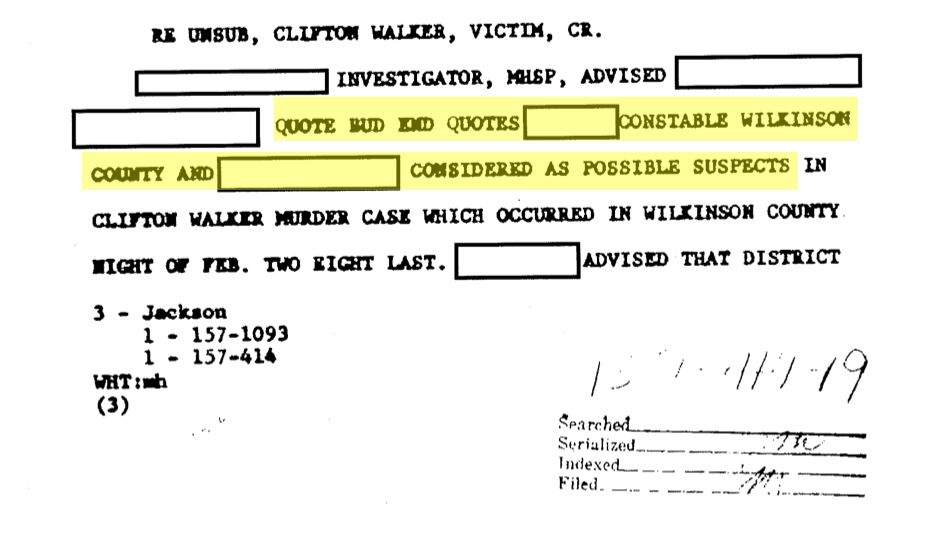 A page from the 1964 FBI file on the Clifton Walker murder, obtained by a Freedom of Information Act request. A Mississippi Highway and Safety Patrol investigator had identified two possible suspects for the District Attorney to arrest. FBI documents also show that the DA said he had “insufficient evidence” to charge the suspects.