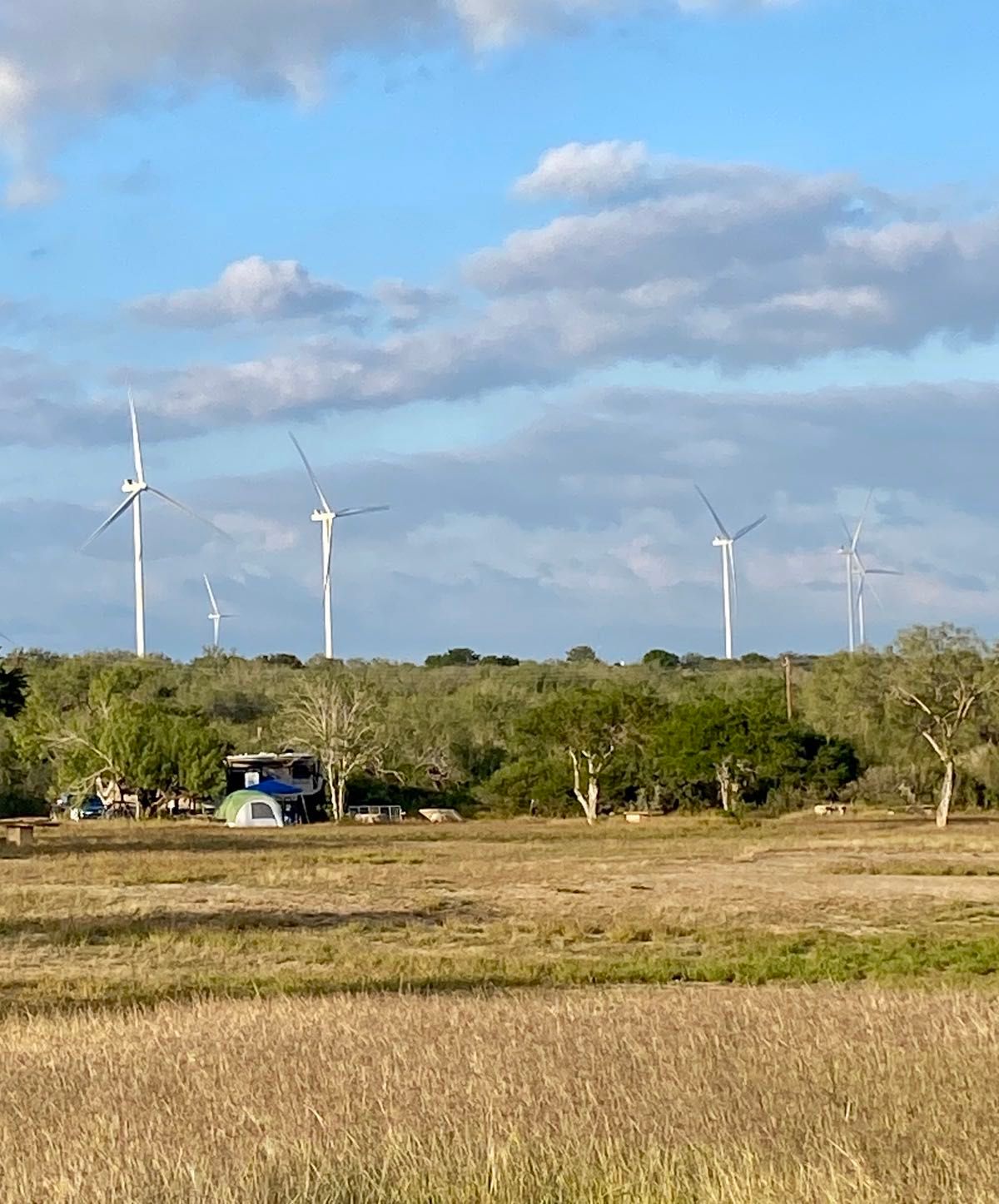 Camping amongst wind turbines at Falcon County Park in Falcon Heights Texas