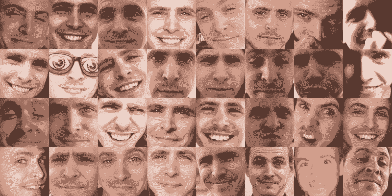 A mosaic of closely-cropped images of Ken making various facial expressions
