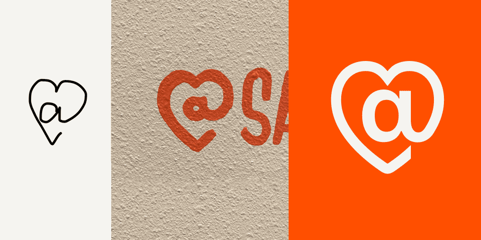 A triptych of the Love-At Symbol as a sketch, hand lettering, and vector image