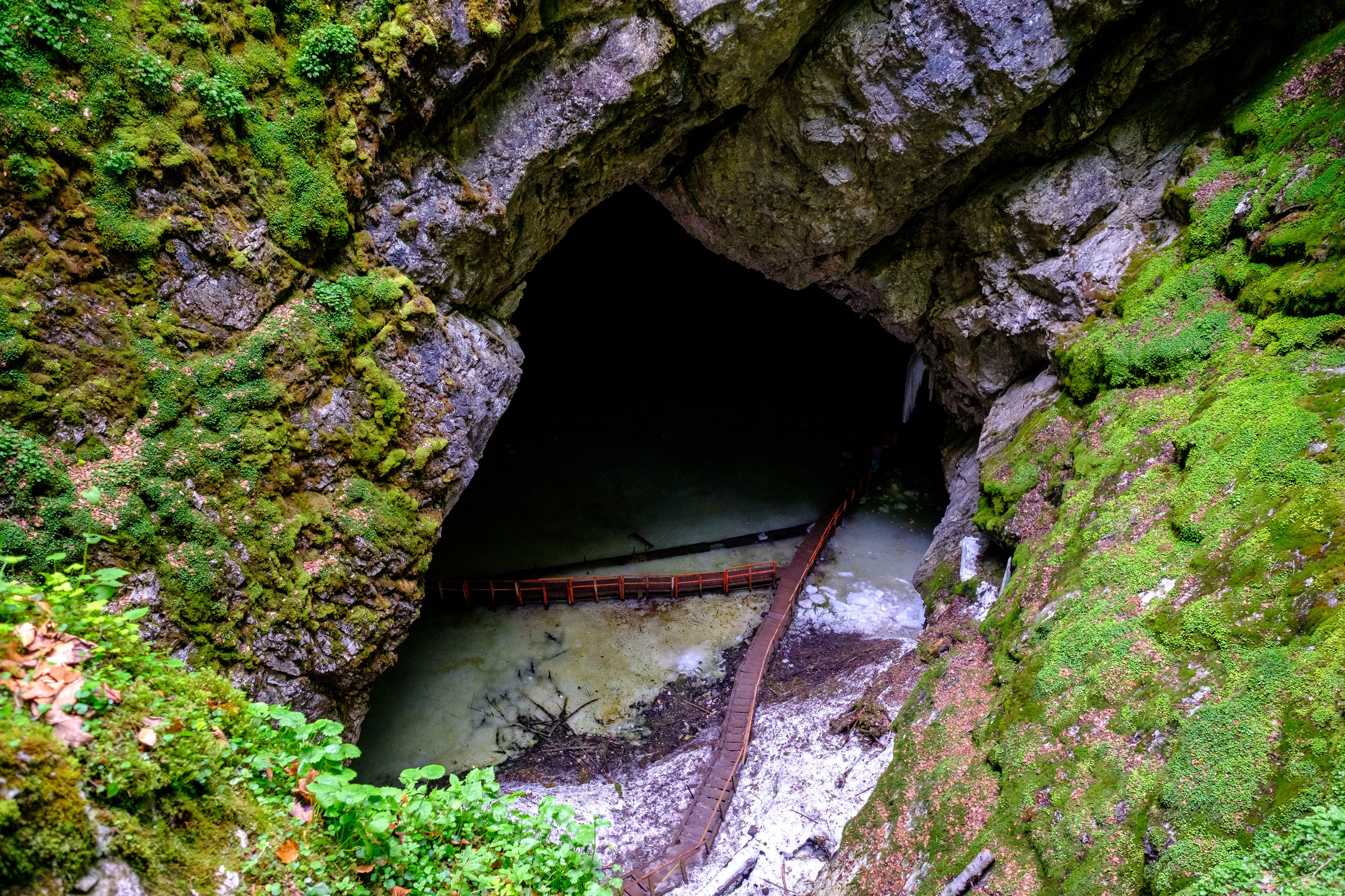 The frozen mouth of Scărișoara cave looms below. Fujifilm X-Pro 2 + 14mm: 1/60 @ ƒ/4 ISO 2500