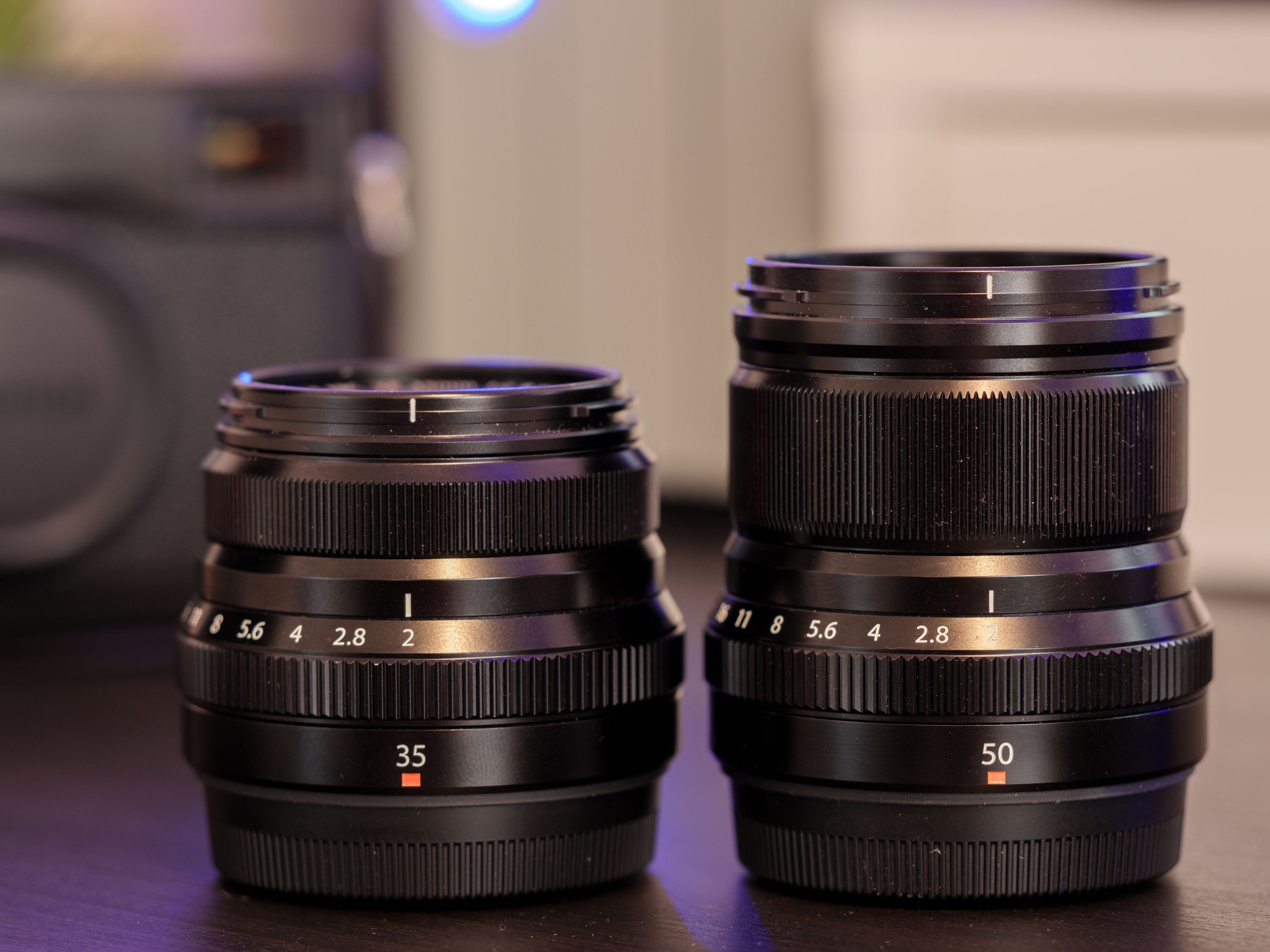 The XF 35mm and 50mm ƒ/2 pair, shown without their hoods.