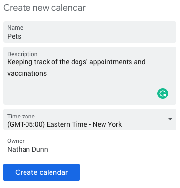 Google Calendar Create New Calendar View screenshot