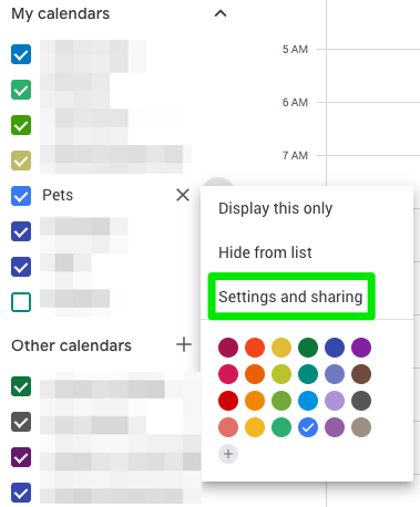 Google Calendar Settings and Sharing screenshot