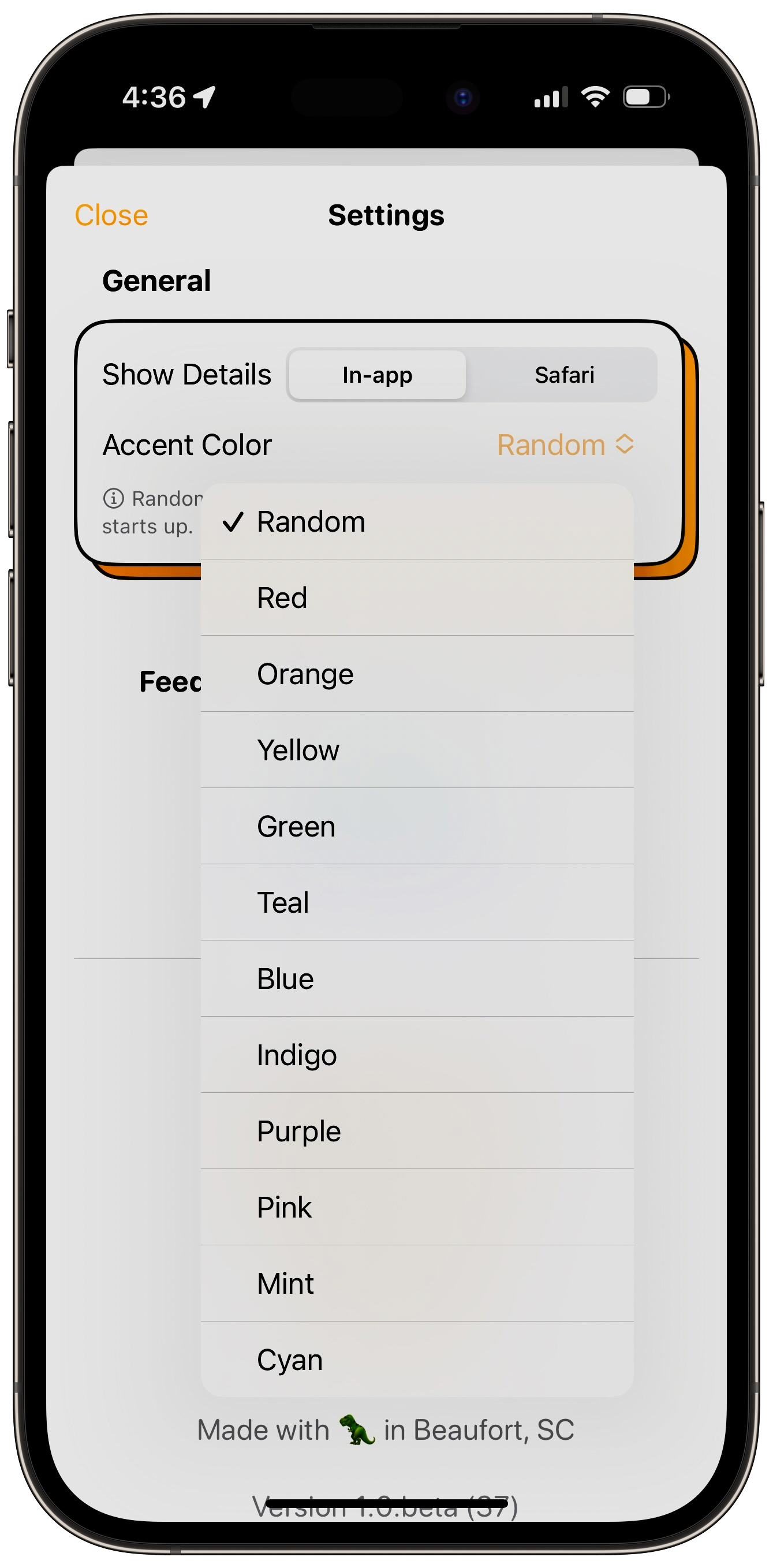 Screenshot of an iOS picker menu showing several accent color options