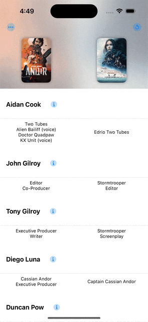 A screen recording of opening the details of Aidan Cook in The Movie Database