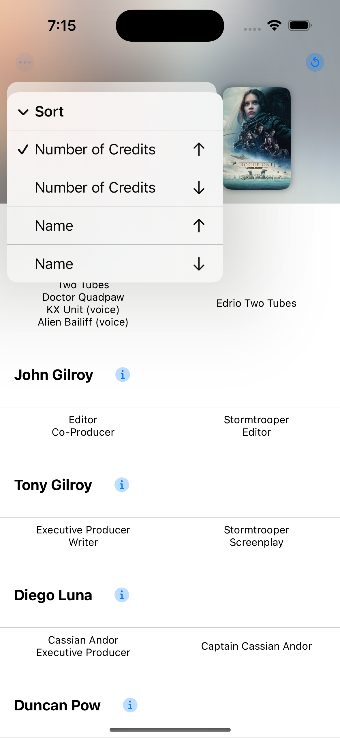 A screenshot of an iOS app showing a menu of 4 sort options