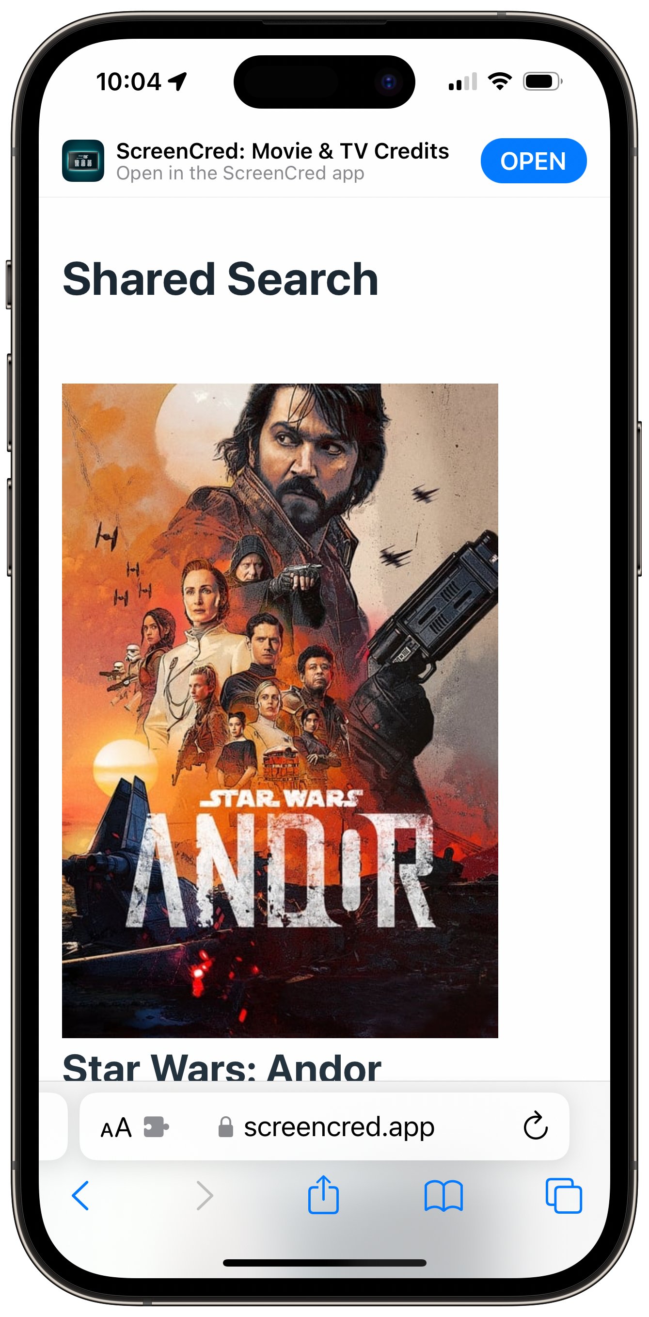 Screenshot of a website showing the poster image of Star Wars: Andor and a partial poster of Rogue One: A Star Wars Story