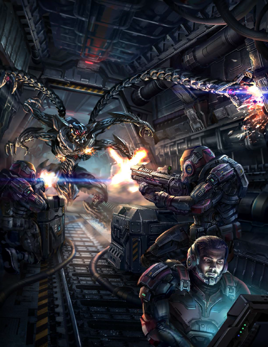 An illustration of some badasses fighting a thing in a corridor while their friend hacks something. From Stars Without Number
