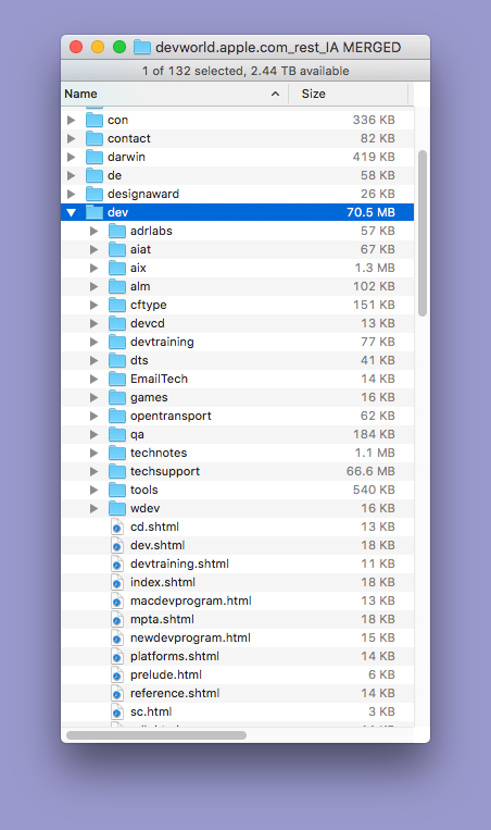 The ‘dev’ folder after it was merged, disclosing its contents.