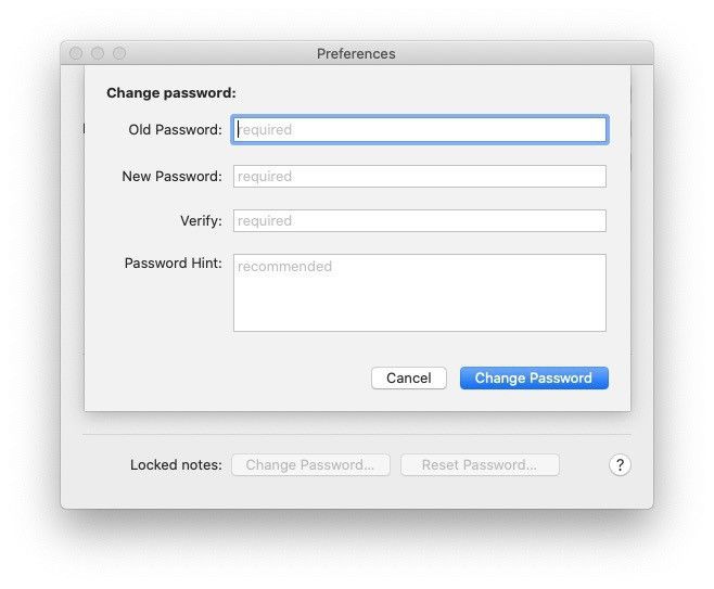 Apple Notes password change screen from macOS Catalina.