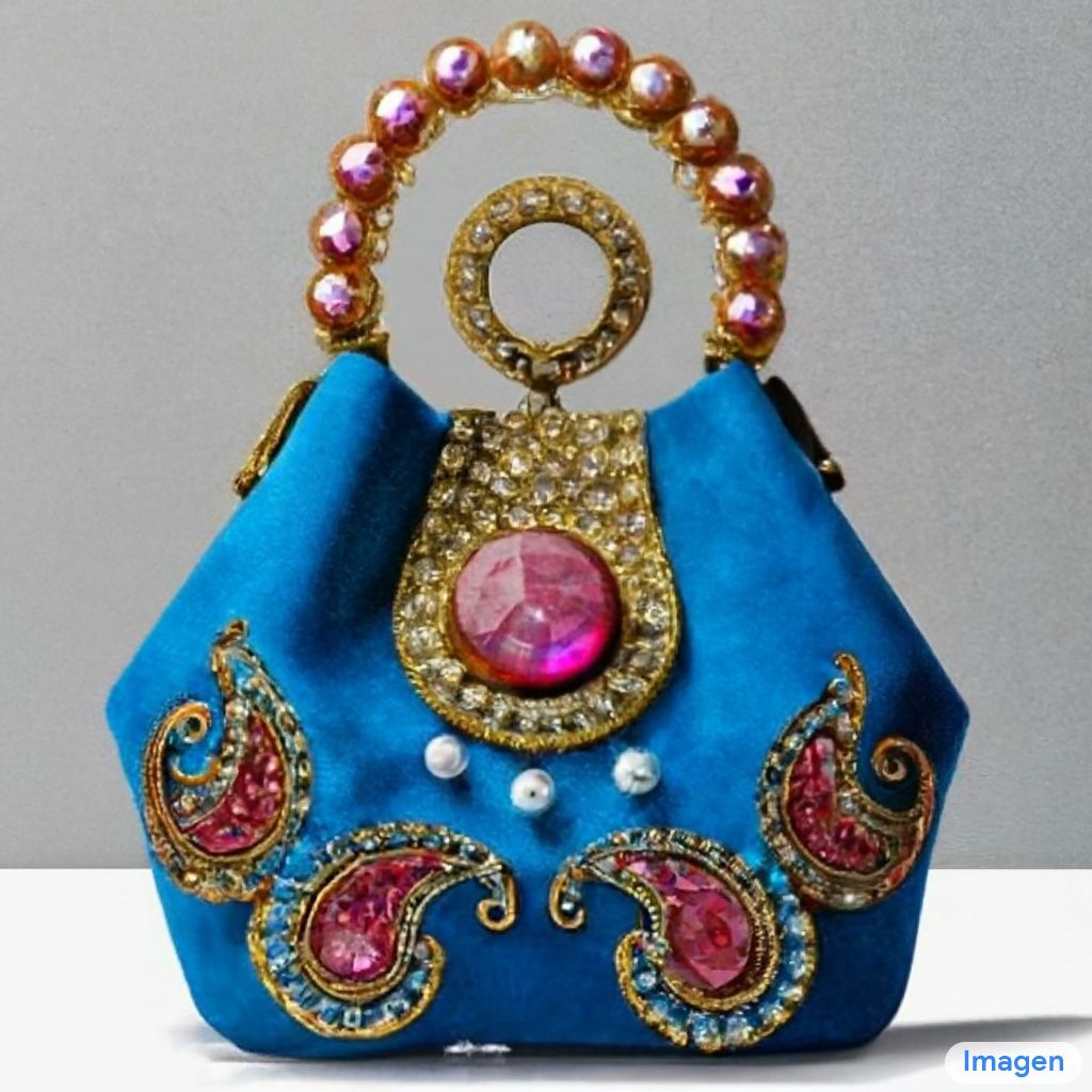 Presenta un bolso azul con asa, decorado con estampados dorados paisley