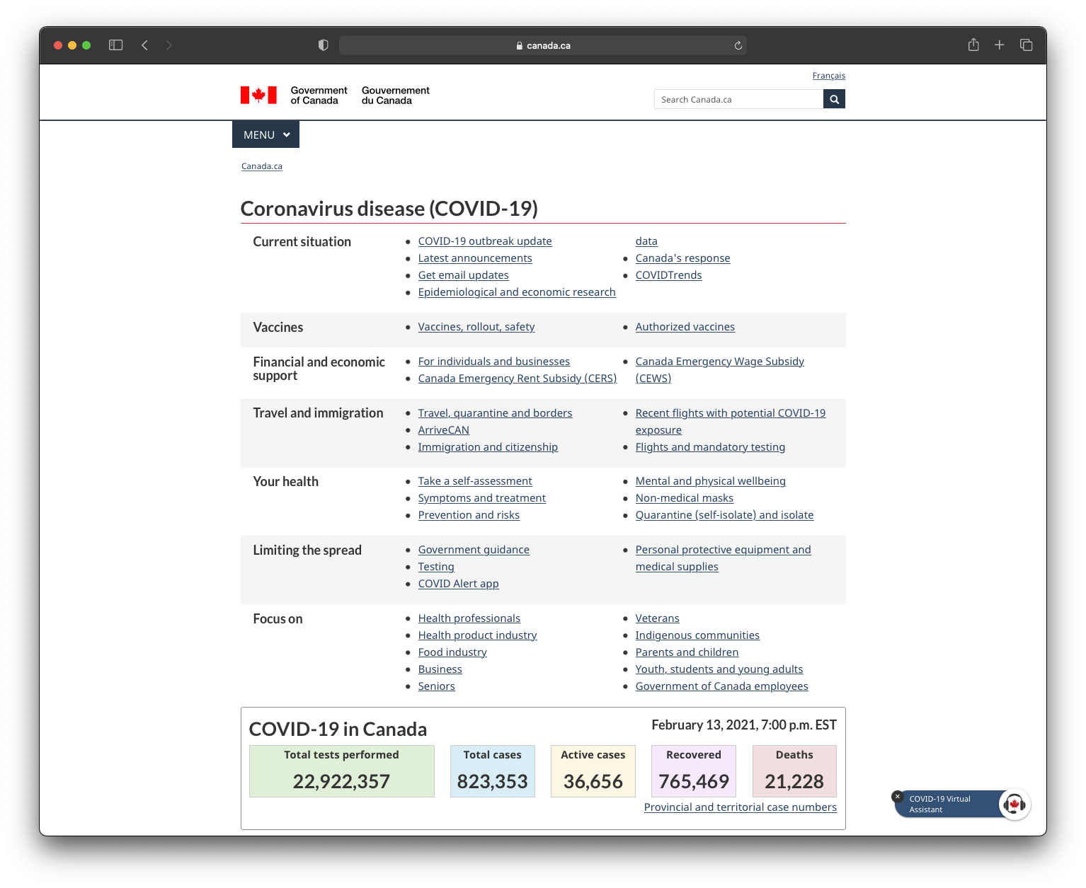 Imagen de la web del Gobierno de Canadá que recoge la información sobre la COVID-19
