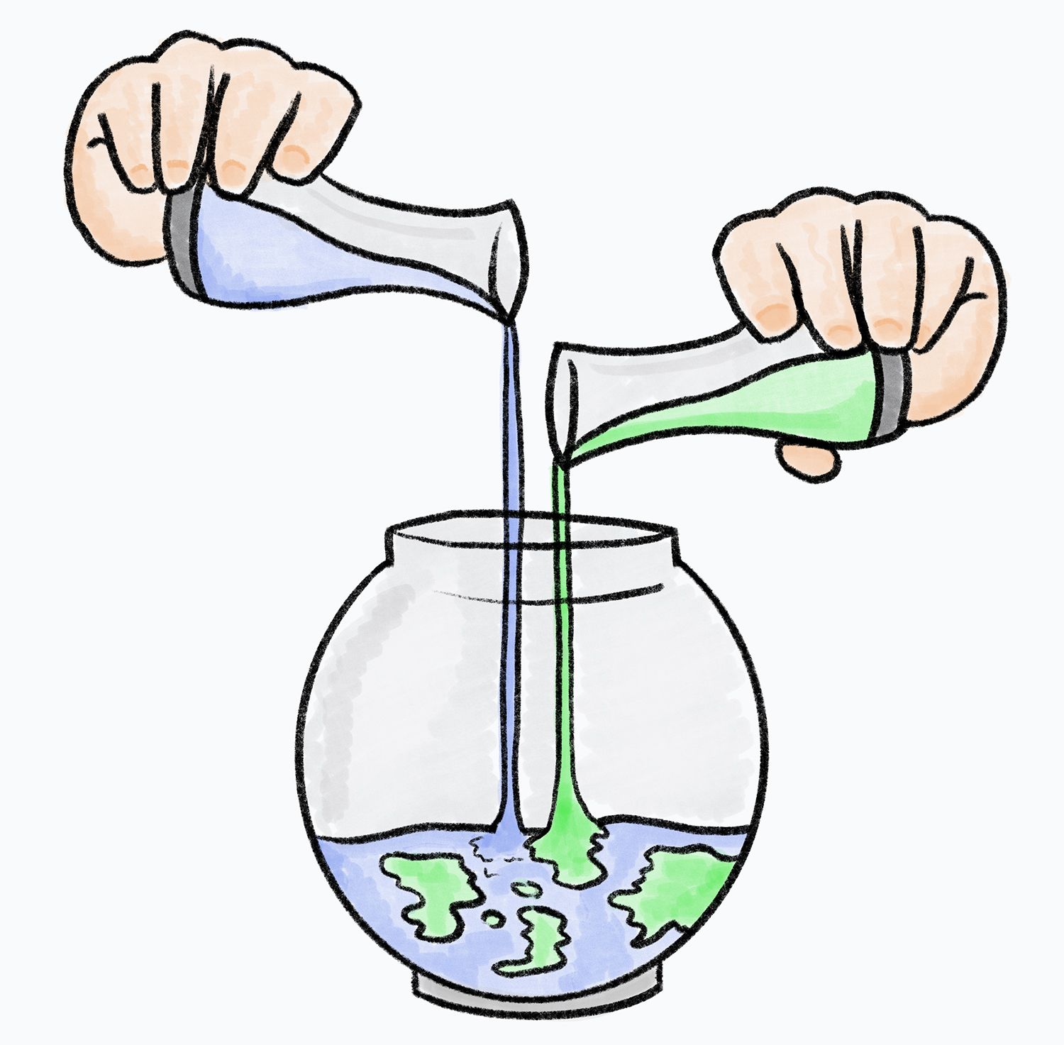 An image of two hands pouring liquid into a spherical bowl. The liquids are blue and green, representing landmass and water. The bowl is being filled up, like a globe.