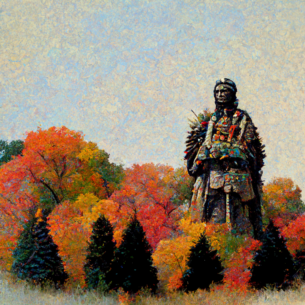 MidJourney Generated Image - 'Pointillism style chief black hawk statue surrounded by fall trees'