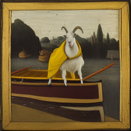 Stable Diffusion Generated Image - 'a goat wearing a yellow raincoat in a boat in a moat Early Netherlandish style'