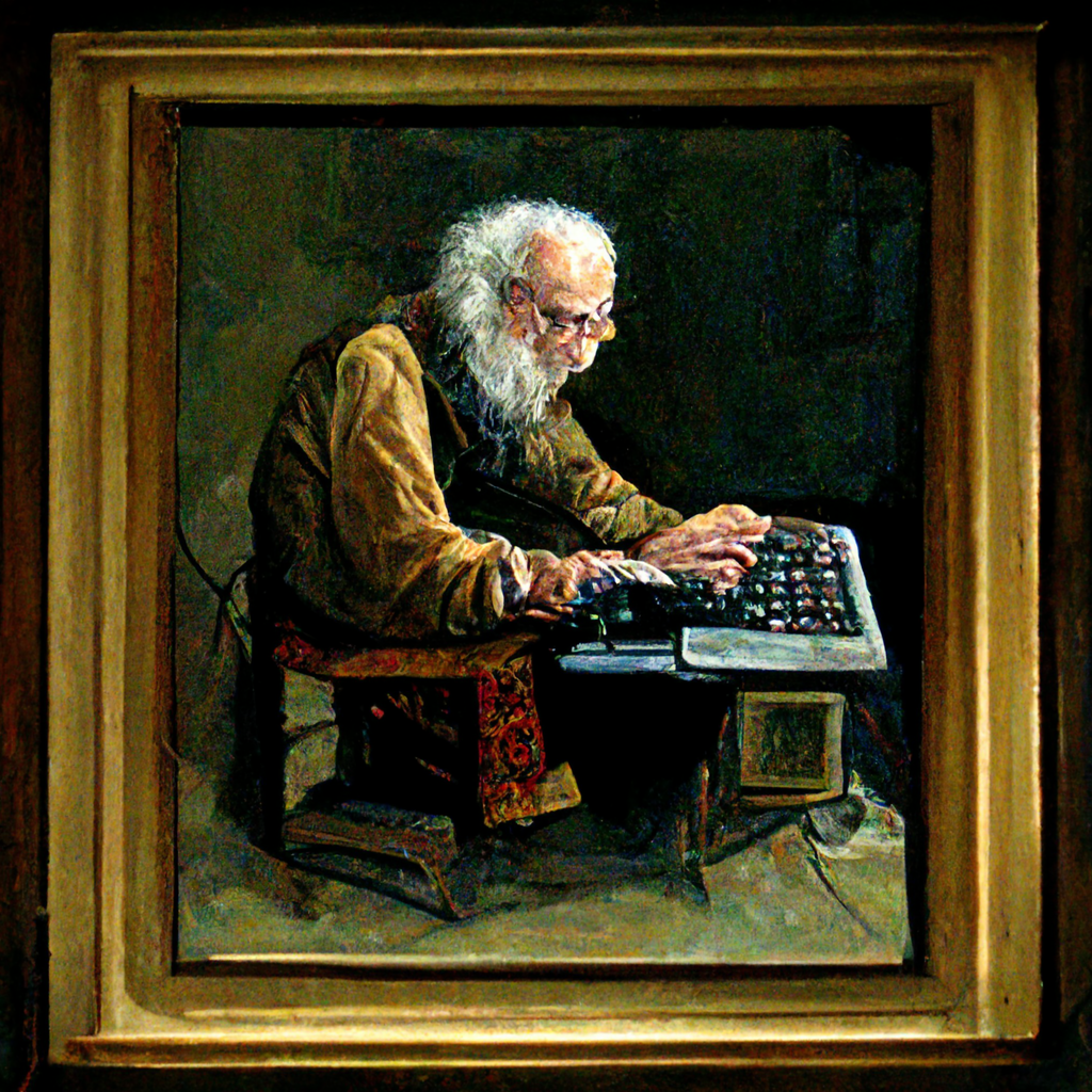 MidJourney Generated Image - 'Baroque style painting of old man typing on a computer terminal'