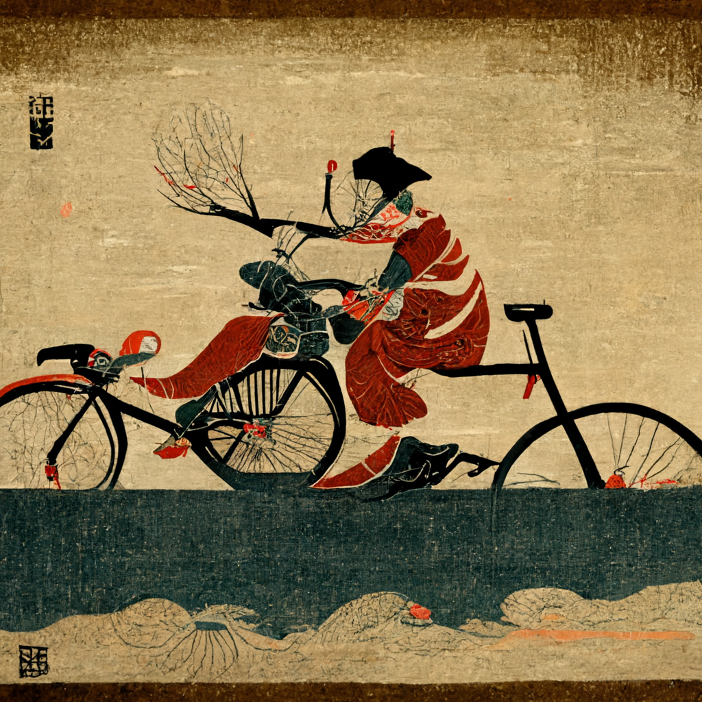 MidJourney Generated Image - ukiyo-e style bicycle rider