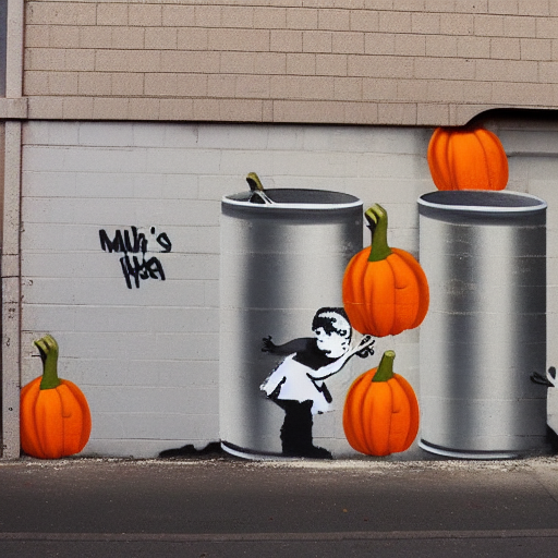Stable Diffusion Generated Image - 'outside wall mural of cans of Libby's pumpkin pie mix Banksy style'