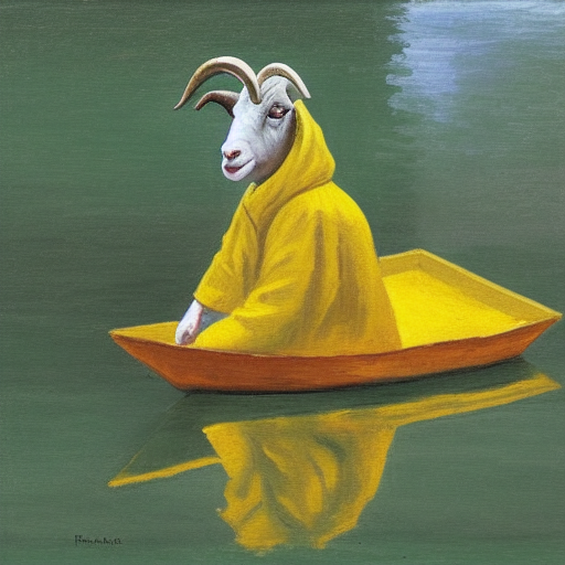 Stable Diffusion Generated Image - 'a goat wearing a yellow raincoat in a boat in a moat Post Impressionism style'