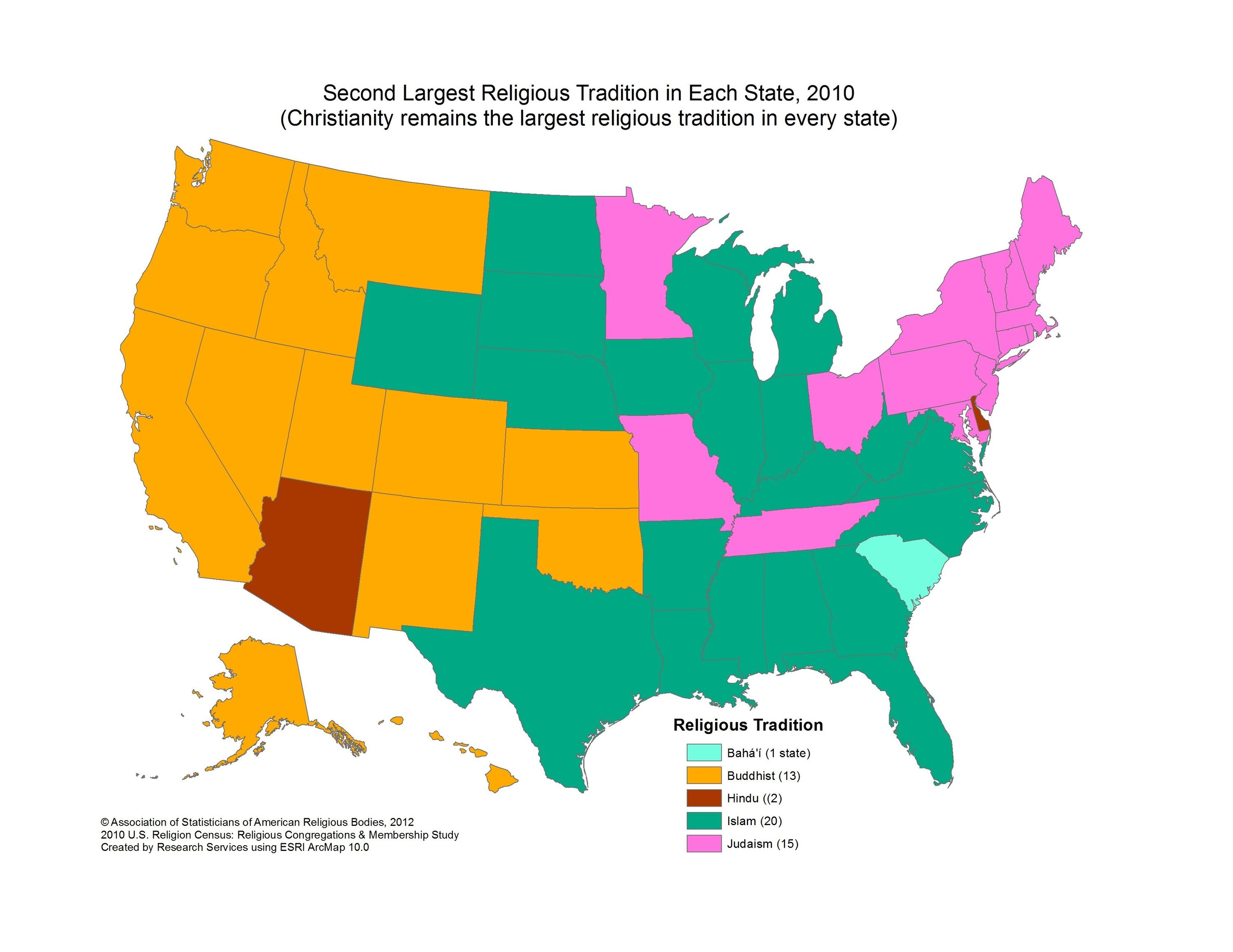 Second largest religion in each US state