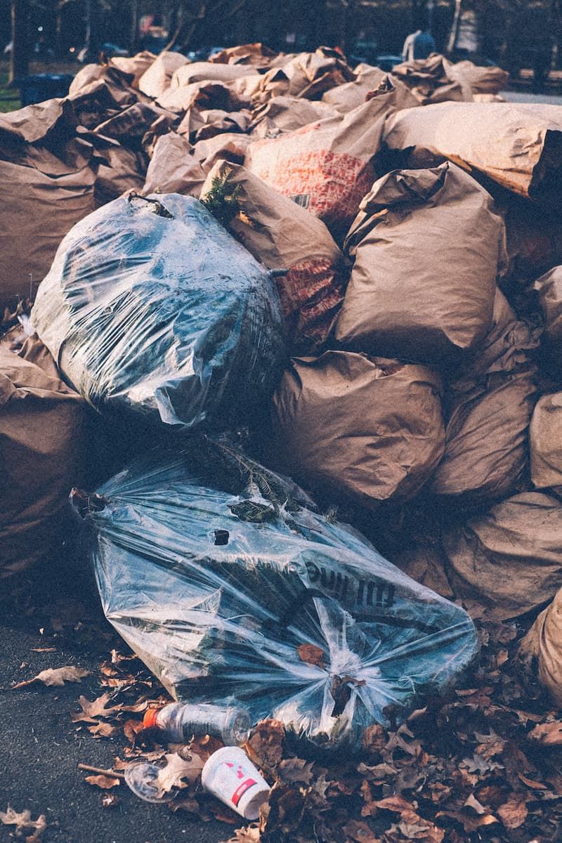 A pile of brown yard waste bags lying on the sidewalk of a park, complemented by two clear trash bags with a few pieces of plastic garbage surrounding them.