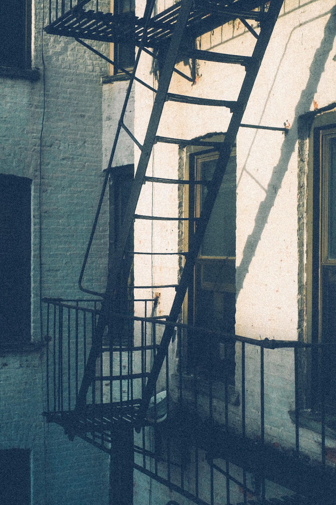 Outside of an apartment window, a black fire escape is Tatar he’d to a white brick building, windows scaling downward, lit with light of the near sunset.