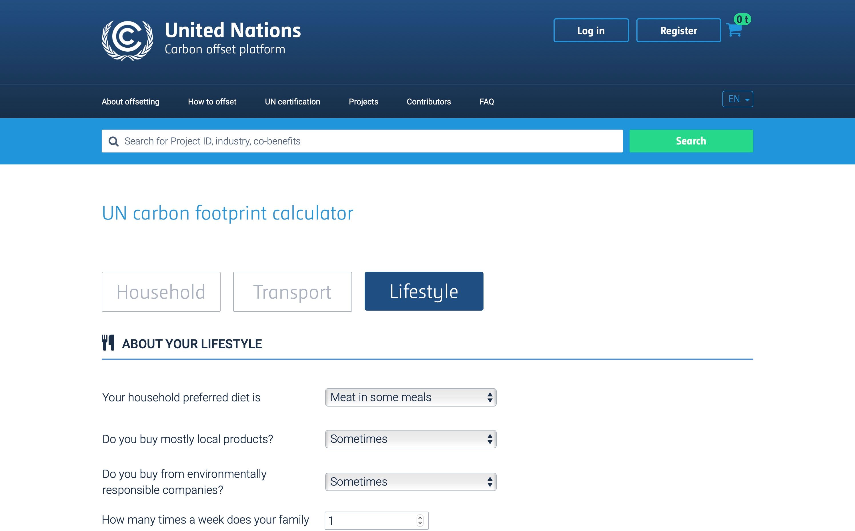 United Nations Carbon Offset Platform calculator