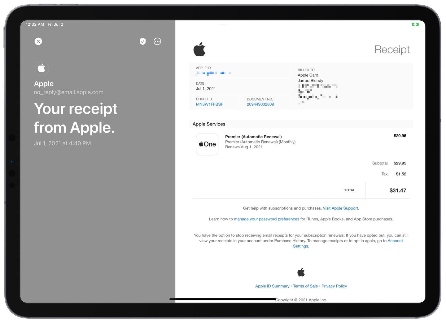 Big Mail showing an Apple receipt with clean formatting.
