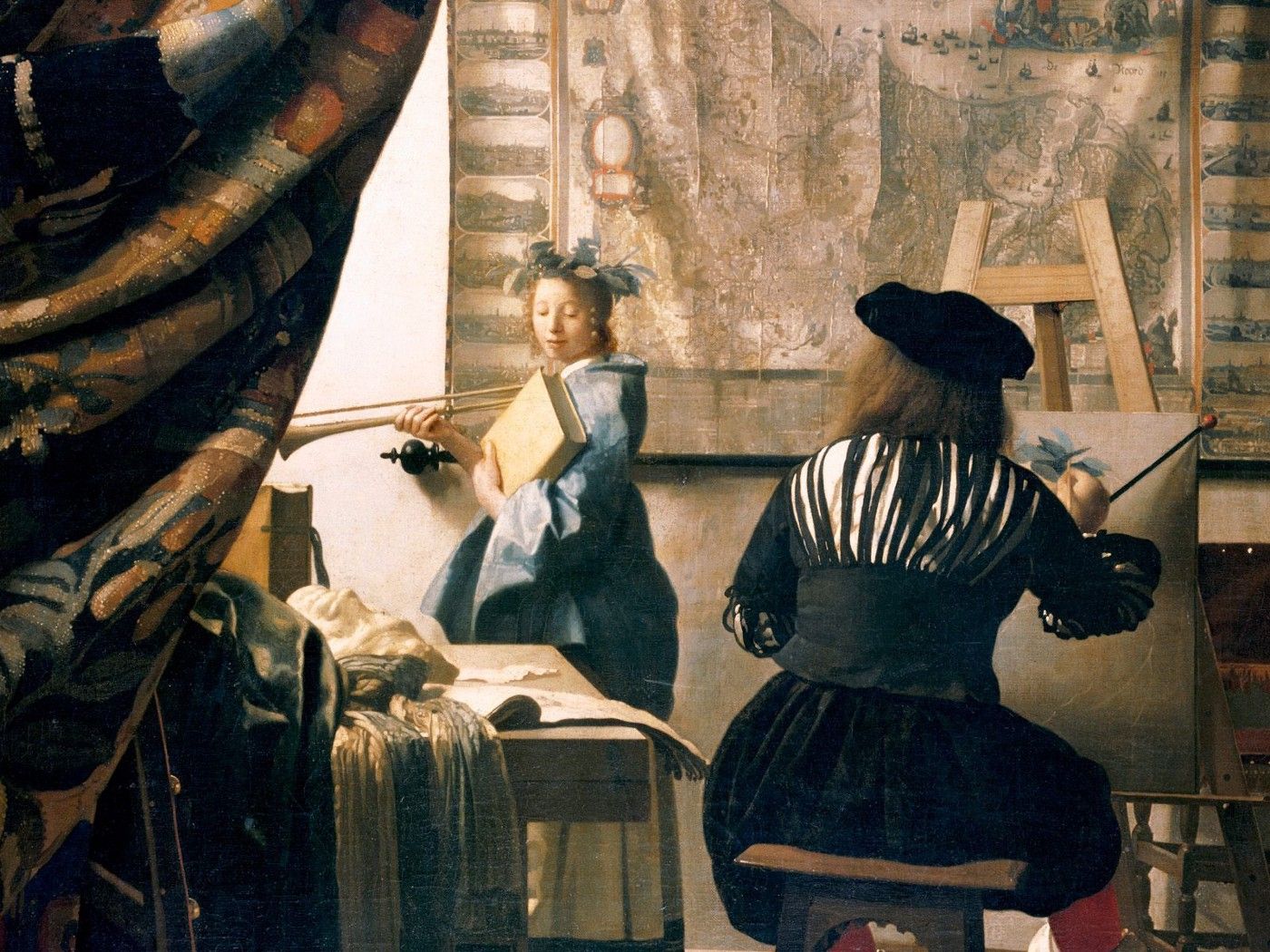 Oil painting depicting a painter in the setting of drawing another artist in their element.