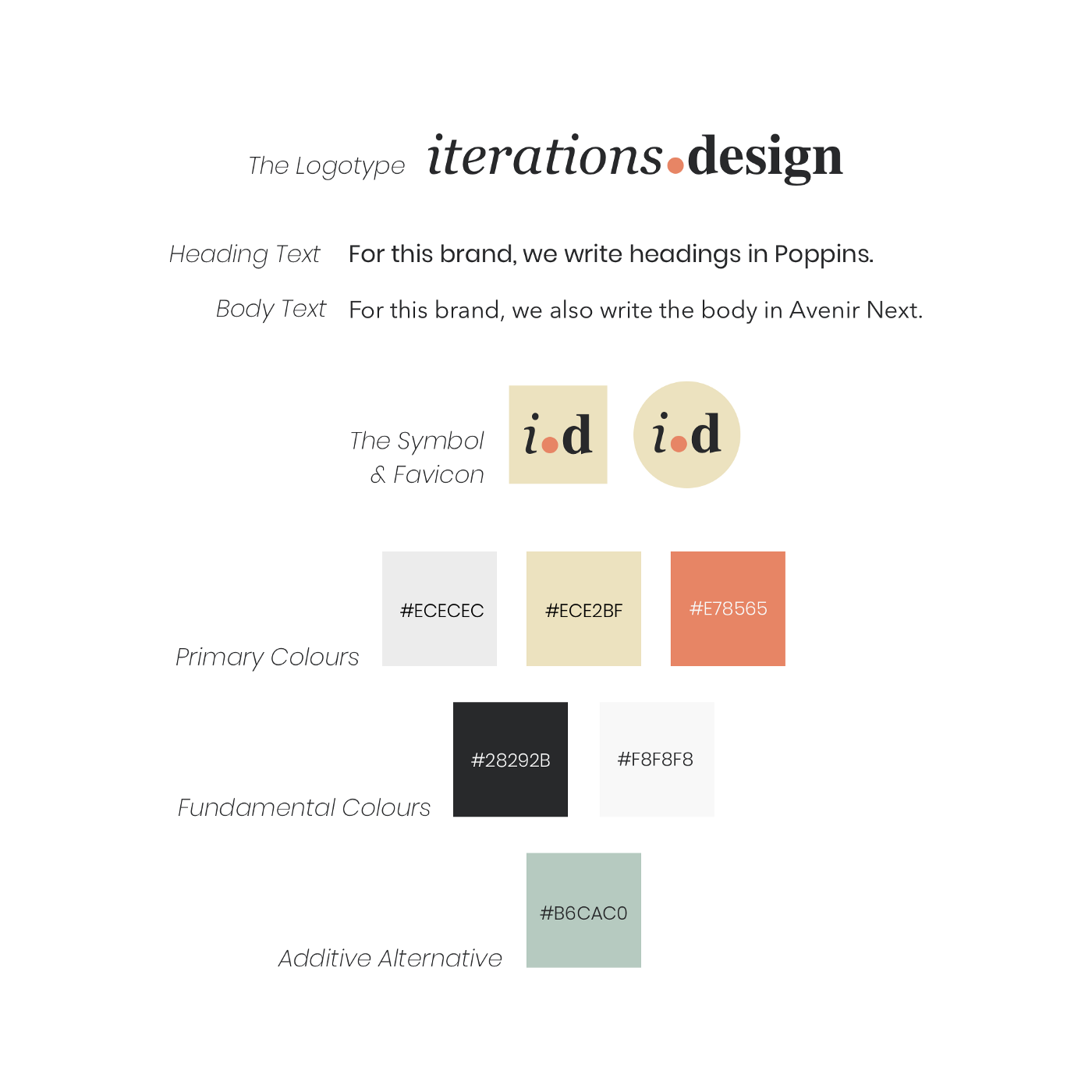 iterations.design brand guidelines with headings, body, symbols & colours.