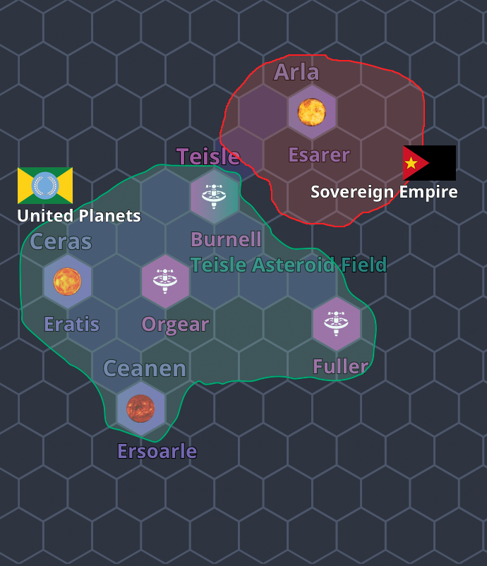 Political map of the Ceras Sector. The United Planets are shown to control more of the sector than the Sovereign Empire