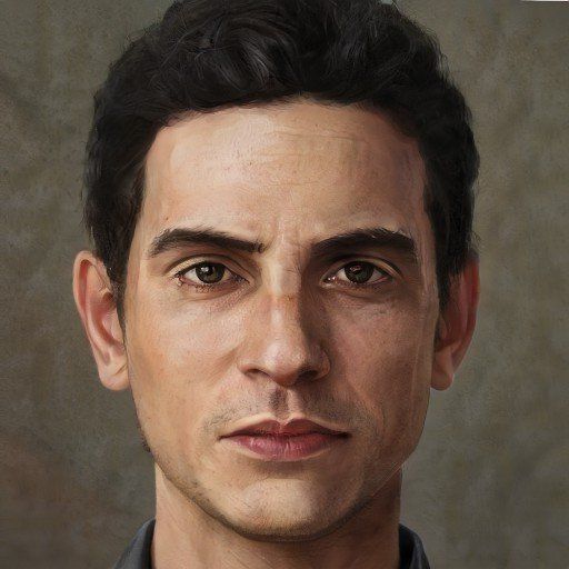 Portrait of a face that presents as male with black hair, olive skin, and dark eyes