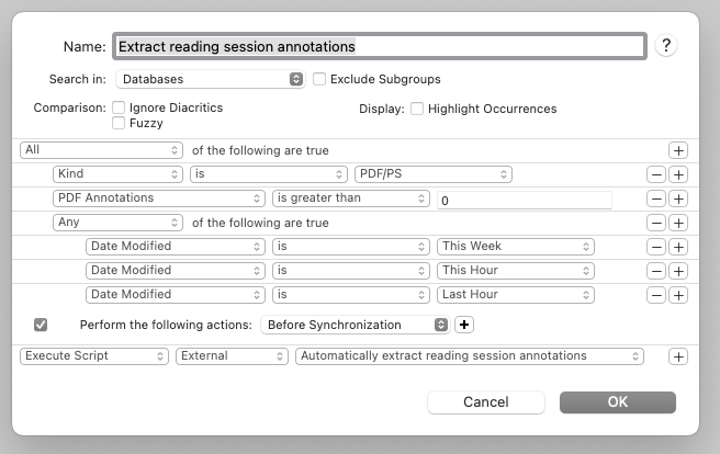 The configuration for the “Extract reading session annotations” Smart Rule