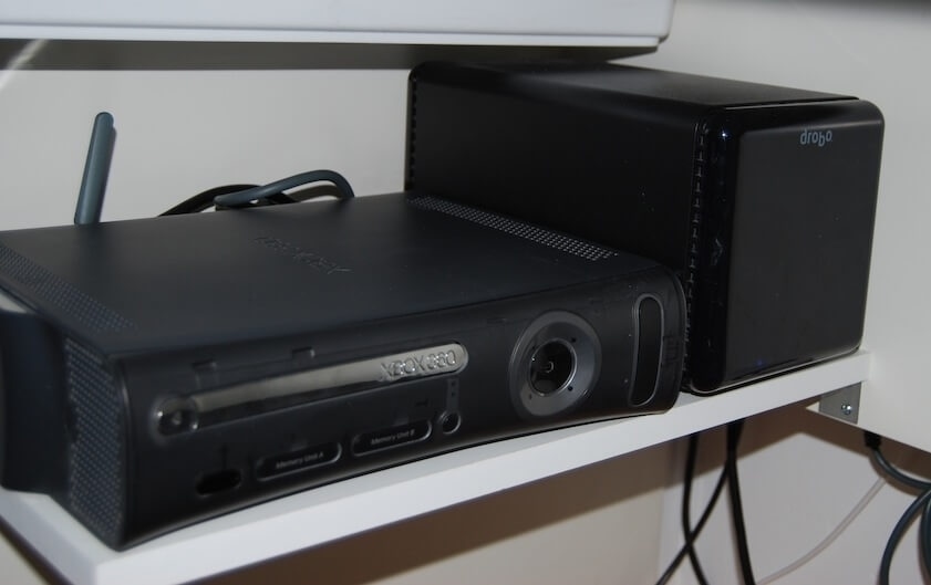 Shelve with Drobo and Xbox